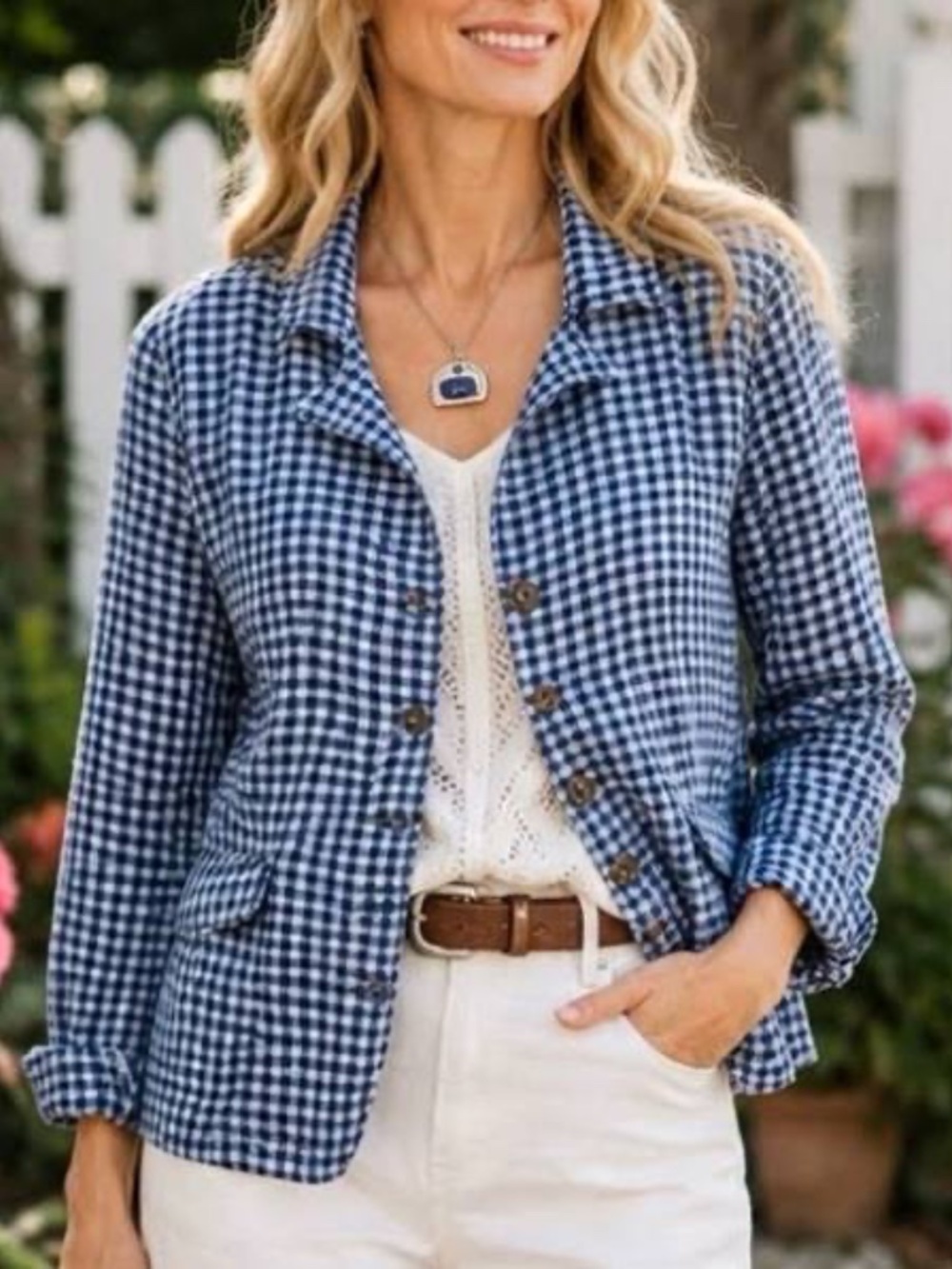 Sundance Ziri Linen Blue Gingham Check Button Front Blazer Jacket - L - Picture 12 of 13